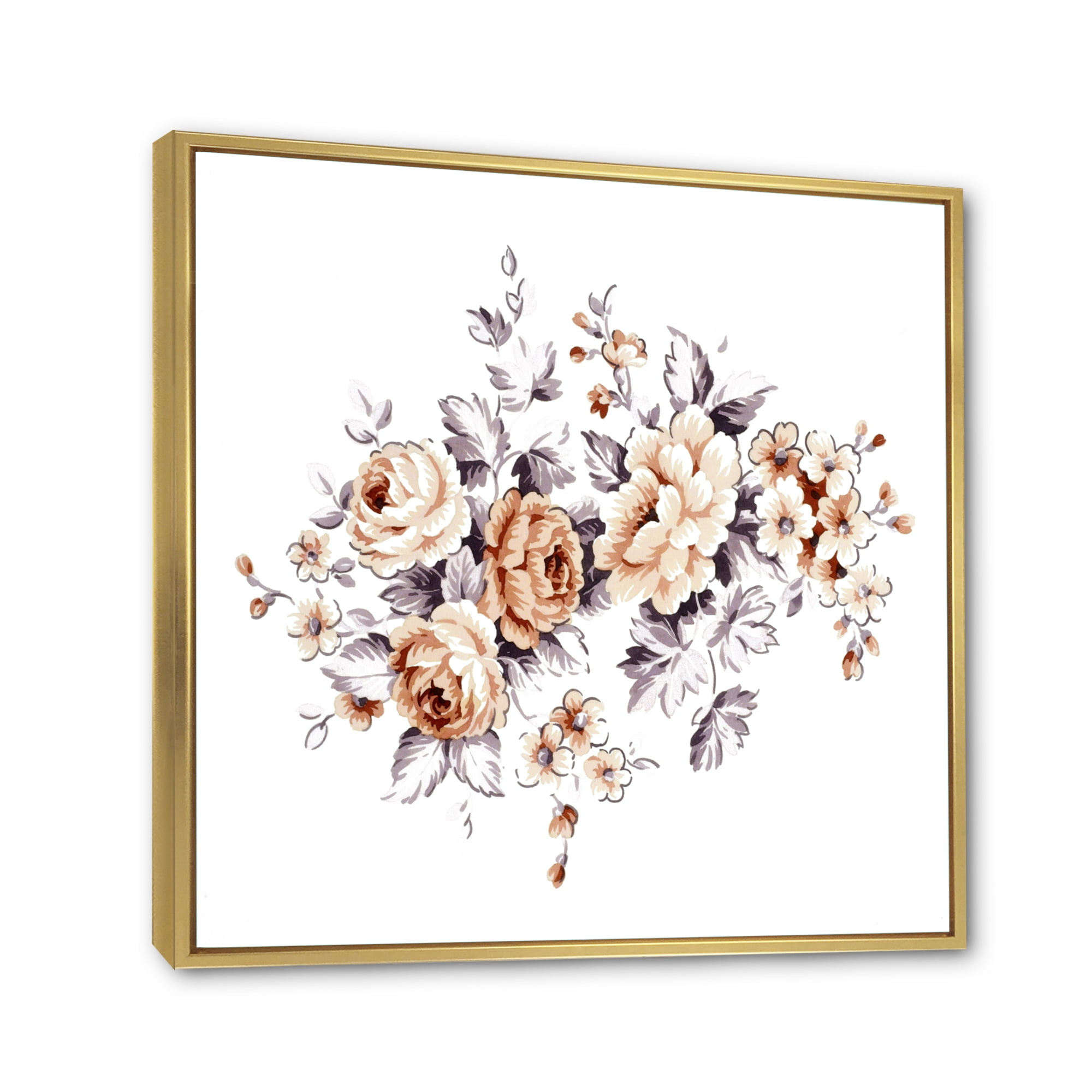 Pink Wild Roses With Monochrome Leaves 36 in x 36 in Framed Painting Canvas Art Print, by Designart