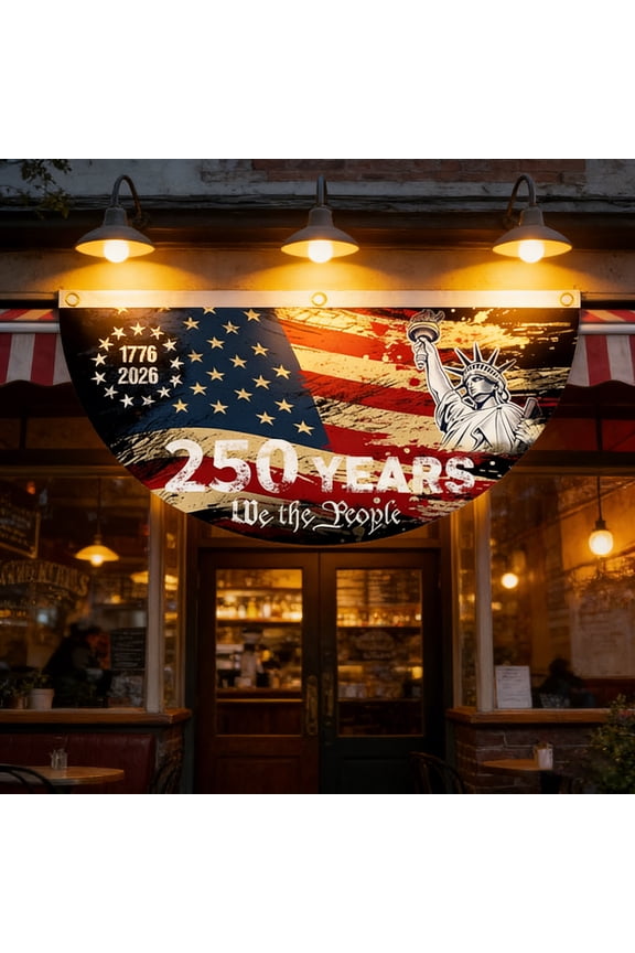 America 250th Anniversary Fan Flag 1776-2026, 1.5x3 Ft Patriotic Pleated Fan Bunting, USA Semiquincentennial Half Moon Flag for Porch Railing Deck Decor, Brass Grommets