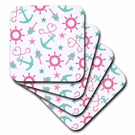 

3dRose Girly Nautical Print White Pink and Aqua Blue Soft Coasters set of 8