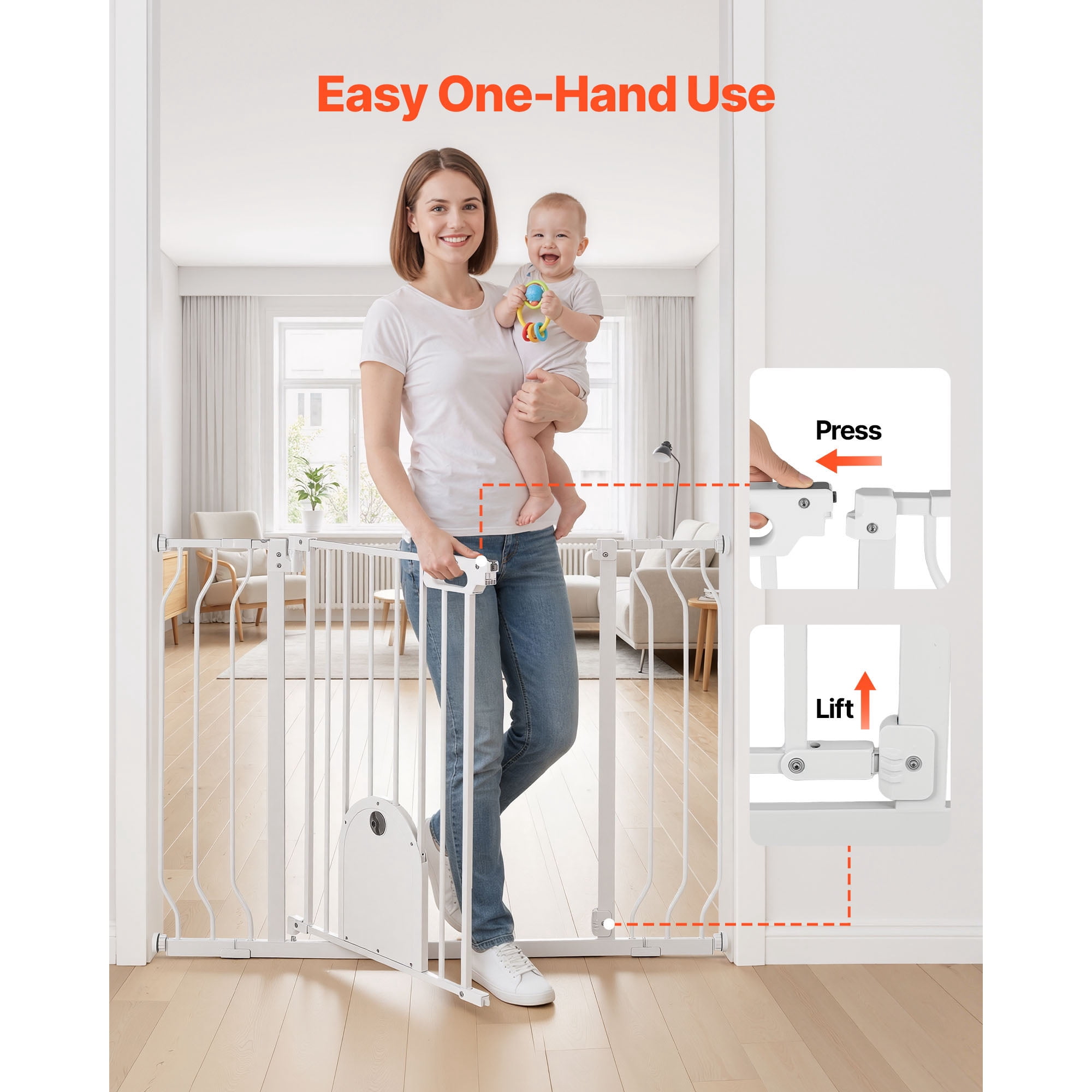 KFFKFF Adjustable Baby Gate for Stairs, 29.5-43 in Width, Baby Gate with Cat Door, Includes Pressure and Wall Mount Kits, Secure Metal Gate for Stairs, Doorways, and Home Use, White