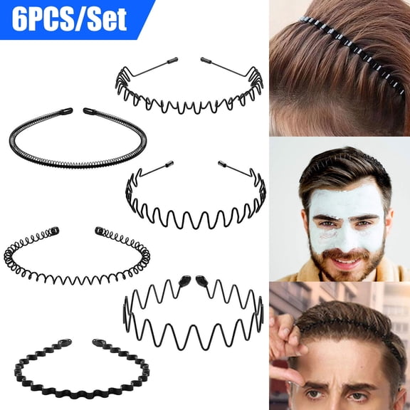 6pcs Metal Wavy Headbands,Elastic and Non-Slip Hairbands for Men and Women,Fashion Hair Hoop for Sports,Black