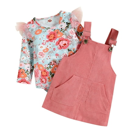 

HESHENG Newborn Baby Girl Fall Clothes Ruffle Long Sleeve Floral Romper Pocket Overalls Dress 2PCS Outfits 6-12M