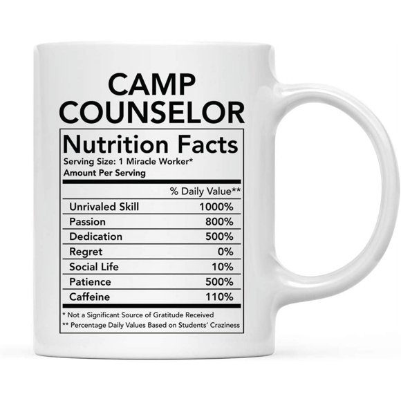 CTDream Tasse à Café et à Thé en Céramique Amusante 11 Oz, Cadeau Merci, Faits Nutritifs pour Conseiller de Camp, Lot de 1