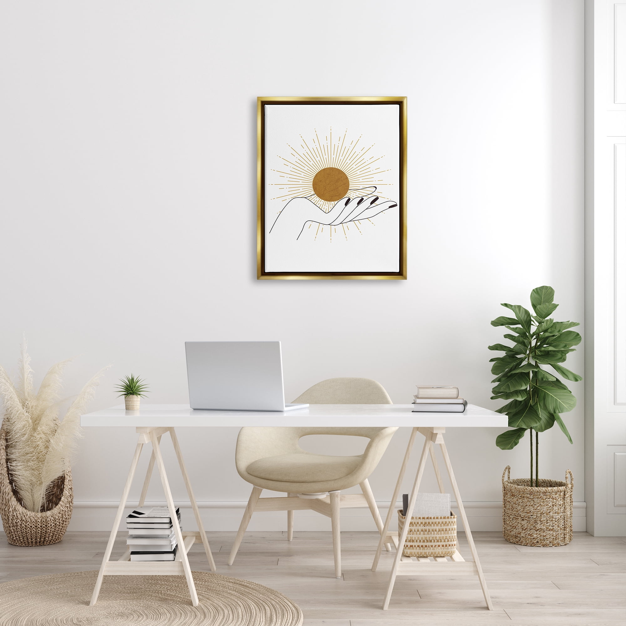Stupell Industries Hand Holding Deco Inspired Sun with Rays Metallic Gold Framed Floating Canvas Wall Art, 24x30, by JJ Design House LLC