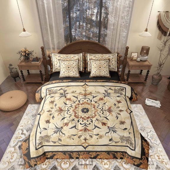 Manfei Bohemian Flower 7-Piece Twin Bedding Sets,Exotic Style Bedding Comforter Set,Boho Mandala Breathable Sheet Sets,Lightweight Vintage Bedroom Decoration,Reversible
