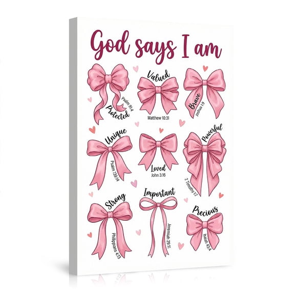 "God Says I Am" Pink Bow Christian Canvas Wall Art, Inspirational Bible Verse Affirmations for Girls, Coquette Aesthetic Religious Decor for Bedroom, Nursery & Playroom
