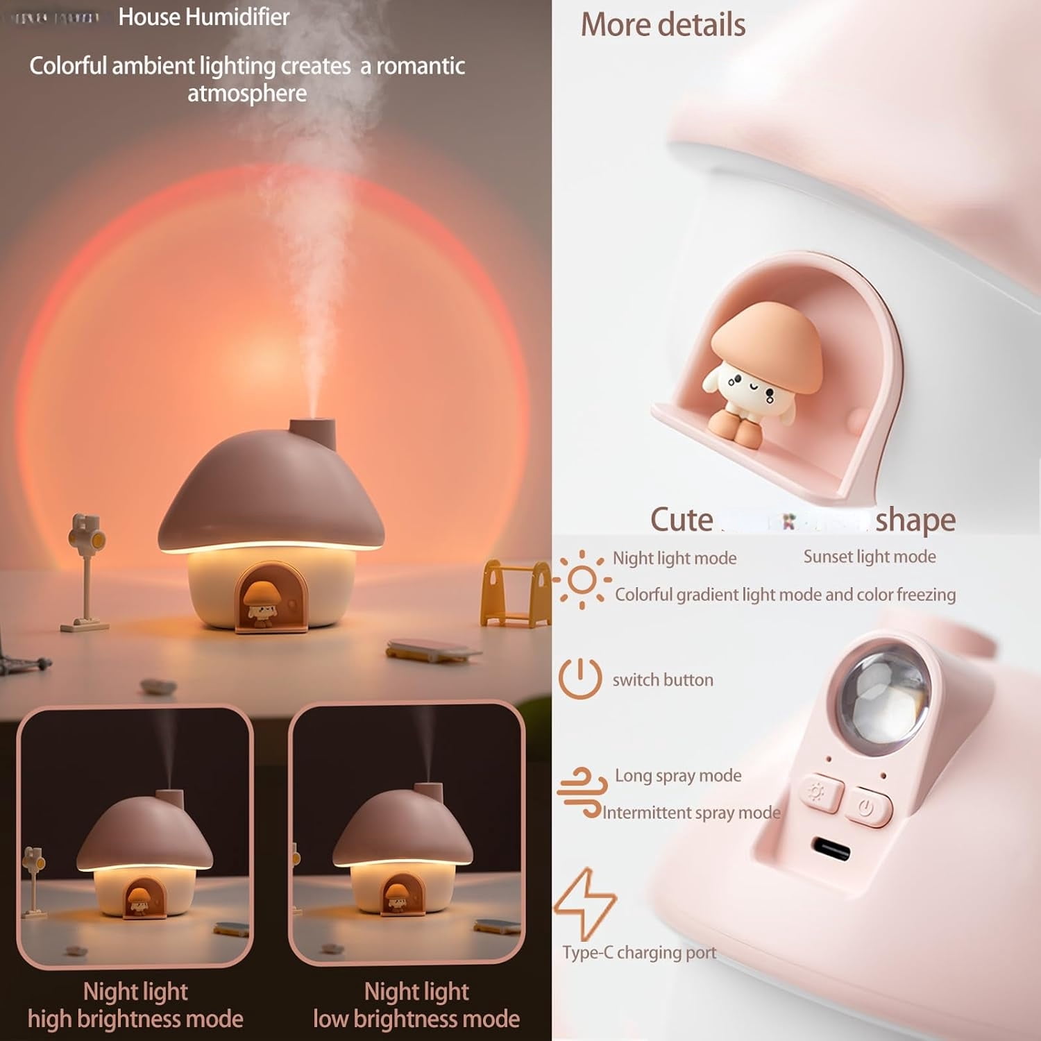 Humidifier for Bedroom,Portable Humidifier,Baby humidifier with 7 modes of sunset atmosphere lighting and 2 modes of night light,two spray modes,suitable for children,bedroom and office