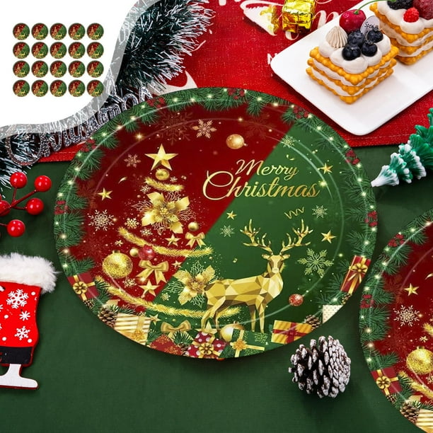 Juego de 20 platos, vasos y servilletas de papel desechables para Navidad | Vajilla navideña en rojo, verde y dorado | Vajilla de papel de 18 y 23 cm | Platos reciclables festivos para eventos y