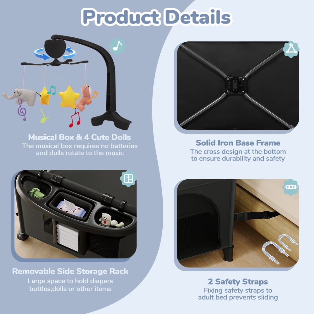 Baby Bassinet, Caveen 5 in 1 Baby Playard with Bassinet, Portable Baby Crib, with Removable Changing Station & Storage Organizer, Black