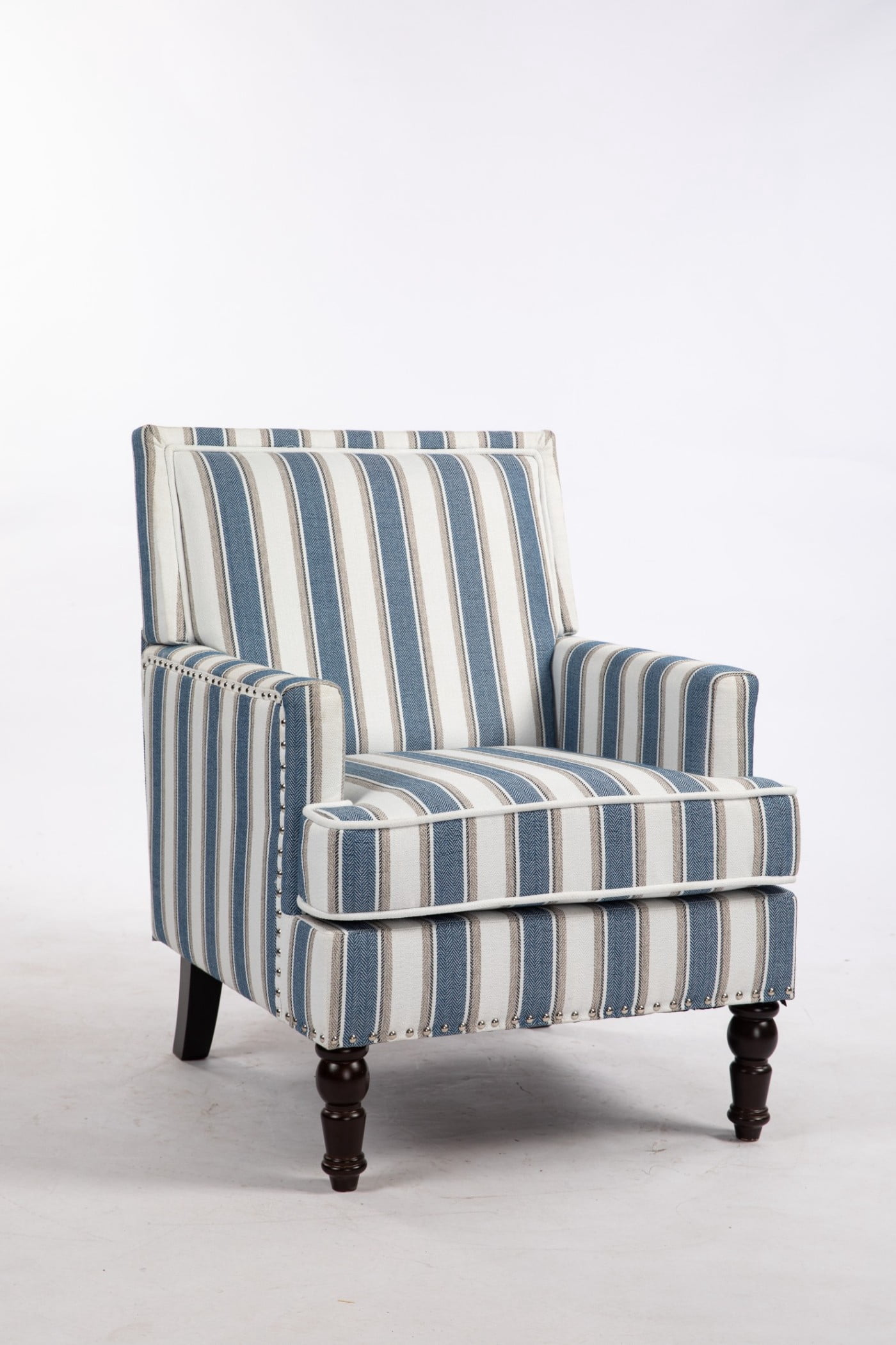 Upholstered Accent Chair with Nailhead Trim, Vintage Striped Linen Armchair, High-Density Foam Reading Chair with Solid Wood Legs for Living Room, Bedroom, Home Office, Blue & White