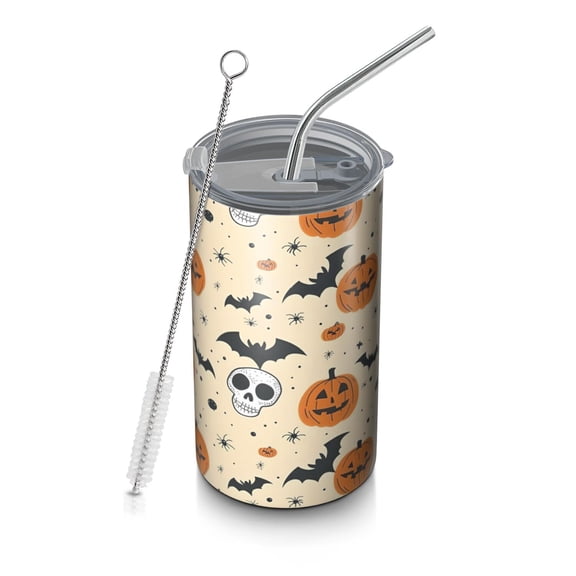 20oz Coffee Tumblers Vintage Halloween Icons Pattern Stainless Steel Vacuum Insulated Travel Tumbler Coffee Cups Mug with Lid and Straw with Cleaning Brush for Cold & Hot Drinks