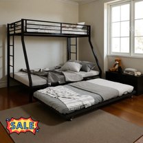 Tcbosik Metal Bunk Bed with Trundle, Twin Over Full Size Metal Bed Frame with Guardrail and Ladders for Bedroom, Space Saving, Black