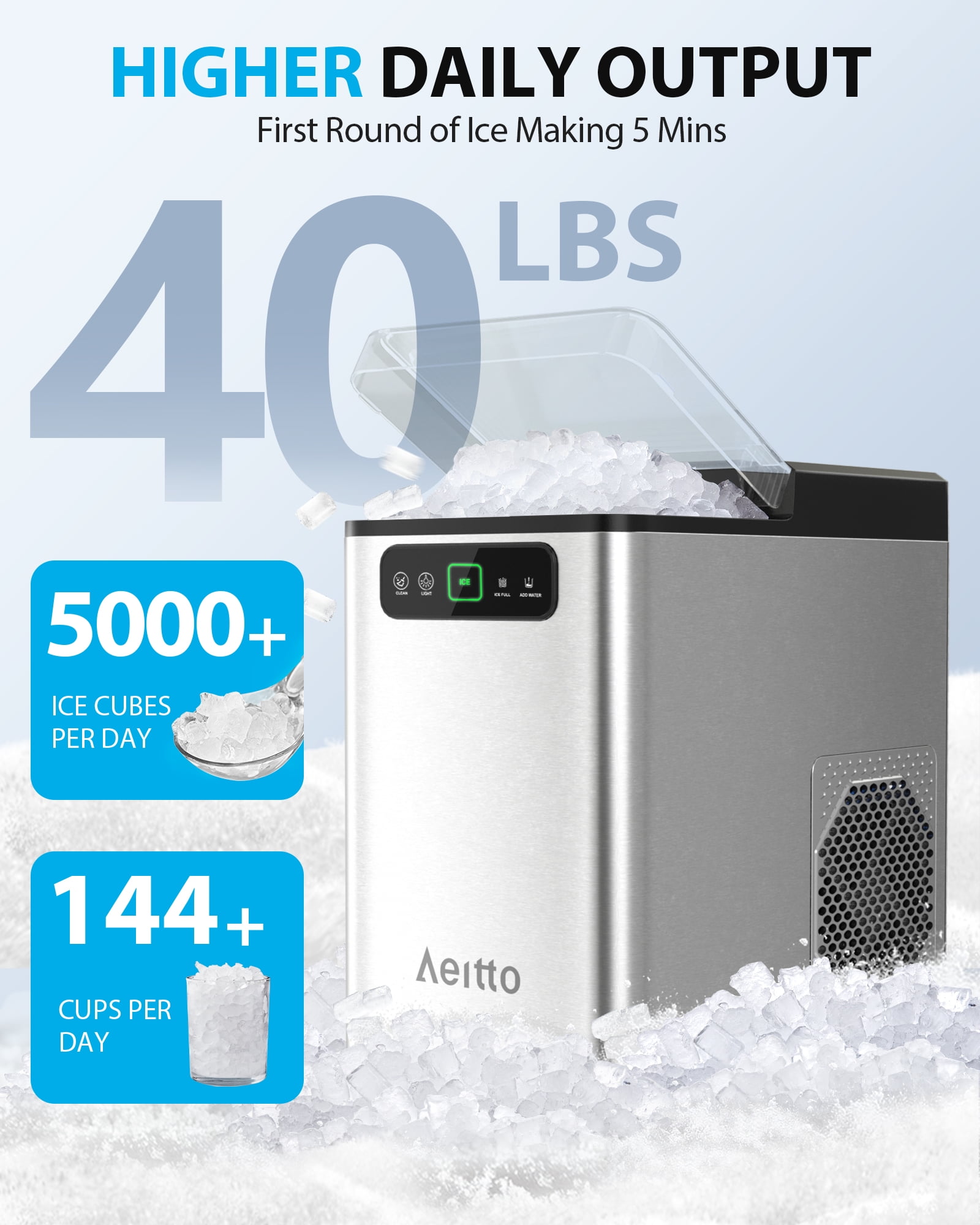 Aeitto Nugget Ice Maker Countertop,Pellet Ice Maker Machine Soft Chewable Ice 40lbs/Day, One-Click Operation,with Scoop for Home/Kitchen/Office,Silver
