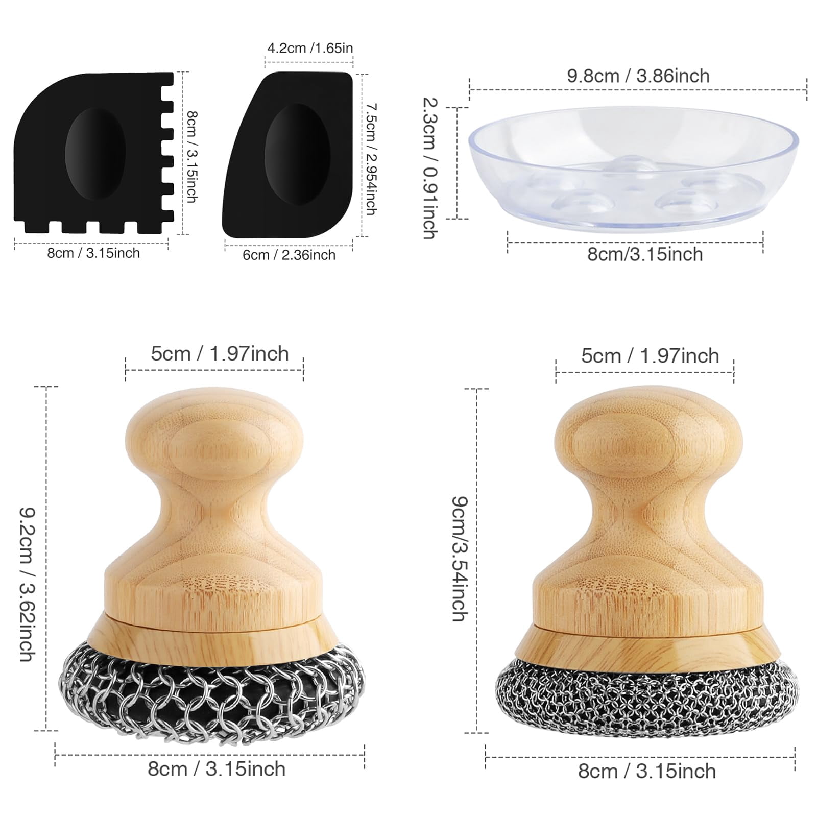 Cast Iron Scrubber and Scraper,Chain Mail Cleaner with Bamboo Handle & Draining Tray,316 Stainless Steel Brush for Cleaning Pots,Pans,Wok,Bakeware,Griddles, Grills,Dishes (Small Chain Mail)