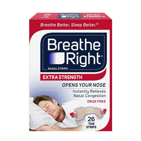 Breathe Right Extra Strength Tan Nasal Strips, Nasal Congestion Relief due to Colds & Allergies, Reduces Nasal Snoring caused by Nasal Congestion, Drug-Free, 26 count (Pack of 3)