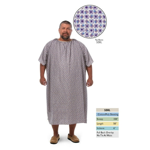 Personal Touch 10XL Bariatric Hospital Gown with Full Back Overlap Closure, Tan Retro Print (1)