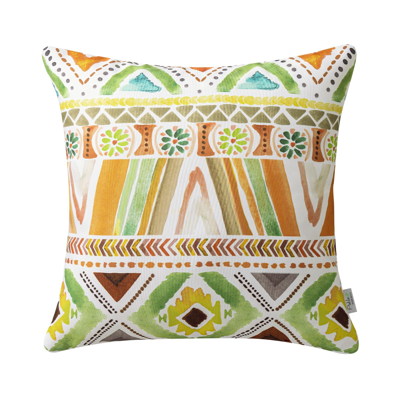 Phantoscope Boho Outdoor Decorative Throw Pillows with Inserts, Waterproof, Orange and Green, 18 x 18 in, 2 Pack