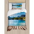thumbnail image 3 of Scenery Decor King Size Duvet Cover Set, Snowy Mountain Tops from Old Wood Deck Pier by Sea Idyllic Calm Coastal Charm, Decorative 3 Piece Bedding Set with 2 Pillow Shams, Blue Brown, by Ambesonne, 3 of 3
