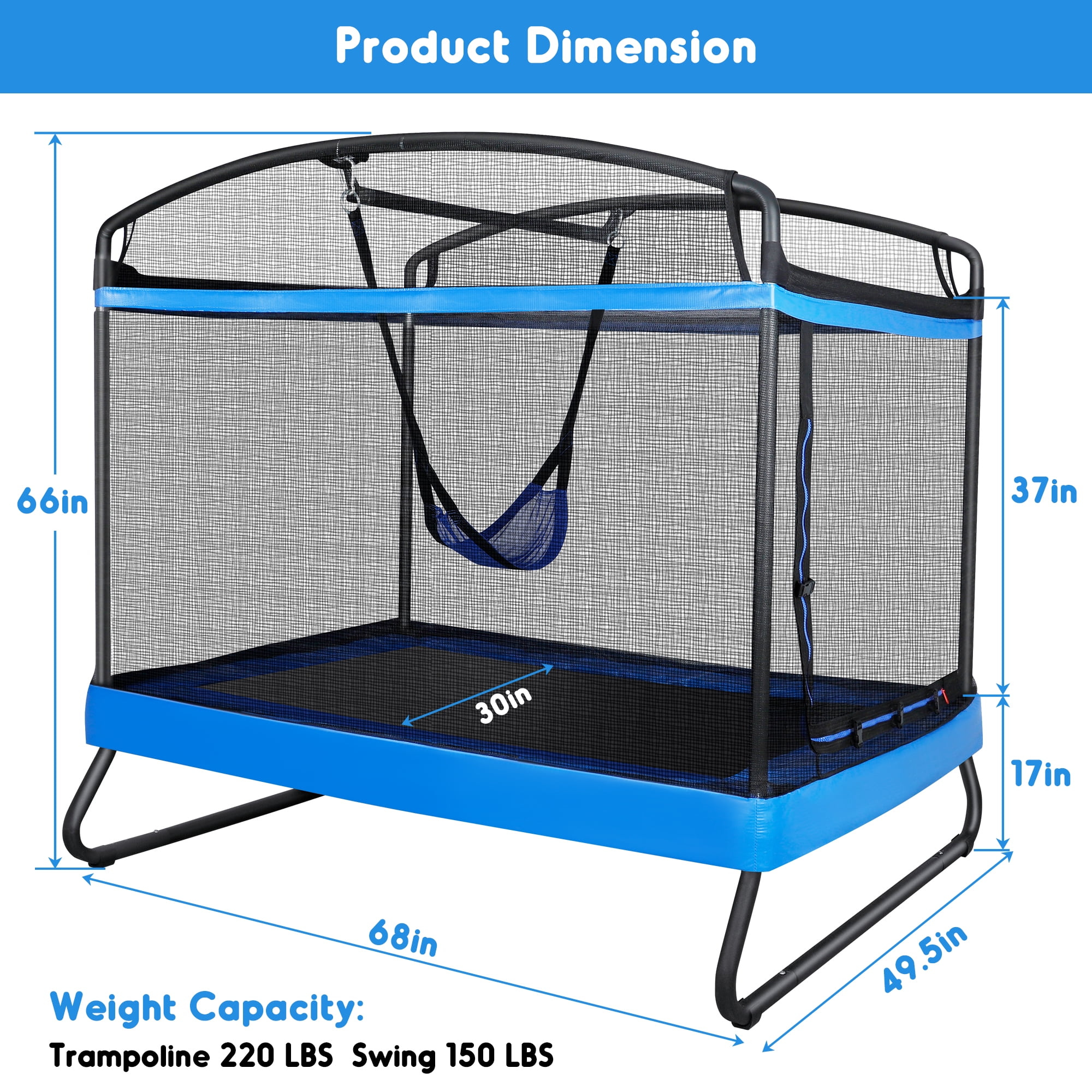 GIKPAL 3-in-1 Kids Trampoline with Swing Set, 6FT Rectangle Toddler Trampoline Indoor/Outdoor for Ages 3-8, Heavy-Duty Jumping Mat for Backyard Play, Blue