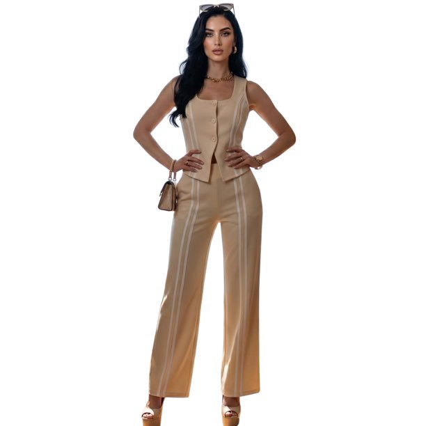 Conjunto de Mujer 2 Piezas Rayado Top de Tirantes y Pantalón Recto Set Fresco Casual