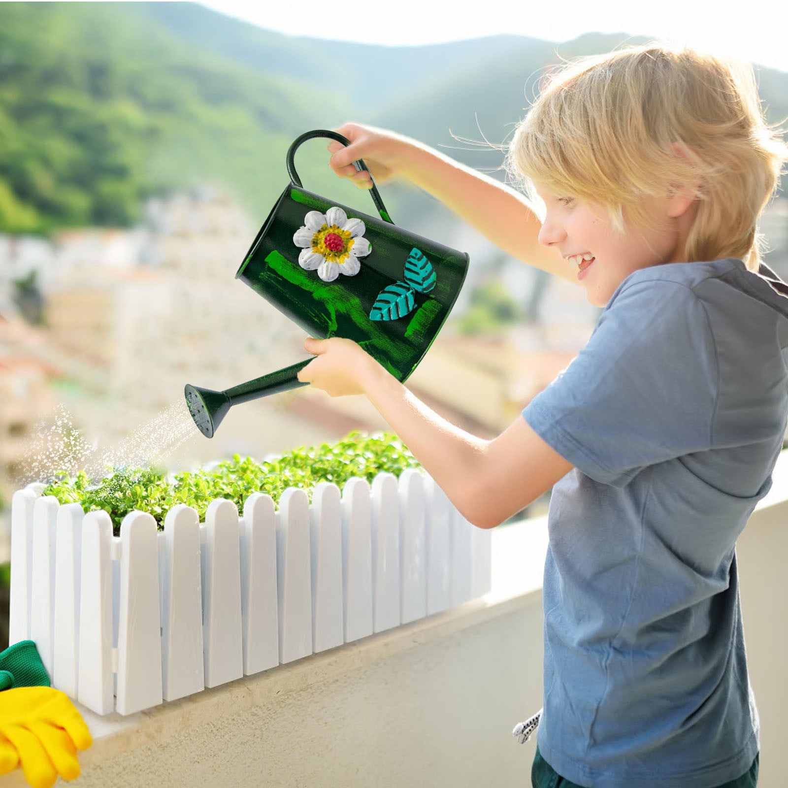 Large Capacity Galvanized Metal Watering Can with Floral Bird Design for Garden Use