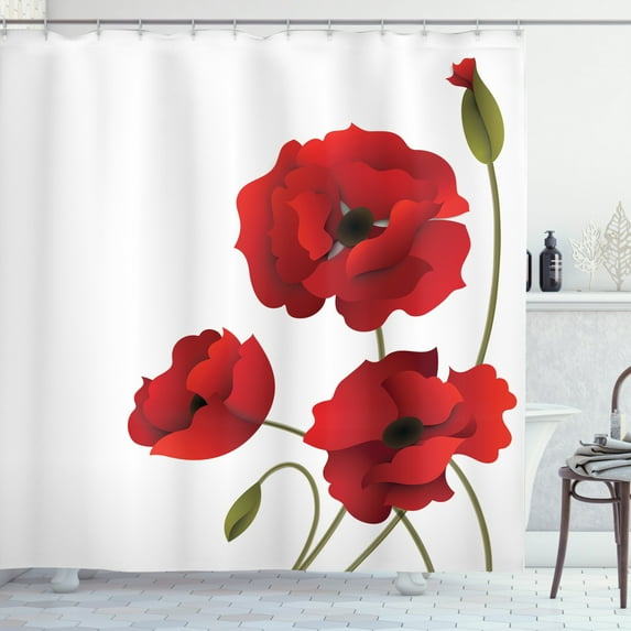 Ambesonne Floral Shower Curtain, Poppy Flowers Pastoral Art, 69"Wx84"L, Red and Green