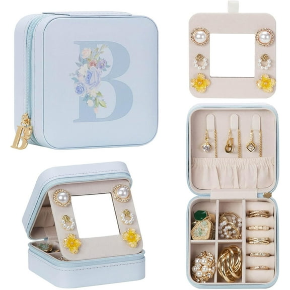Travel Jewelry Box For Gift: Traveling Jewelry Case For Girls Women - Mini Organizer For Necklaces Earrings Blue B[Z1]