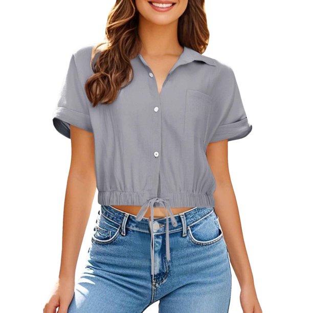 Camisa de manga corta con solapa y botones para mujer, top de playa con bolsillo, poliéster ligero, versátil para ocasiones informales y al aire libre