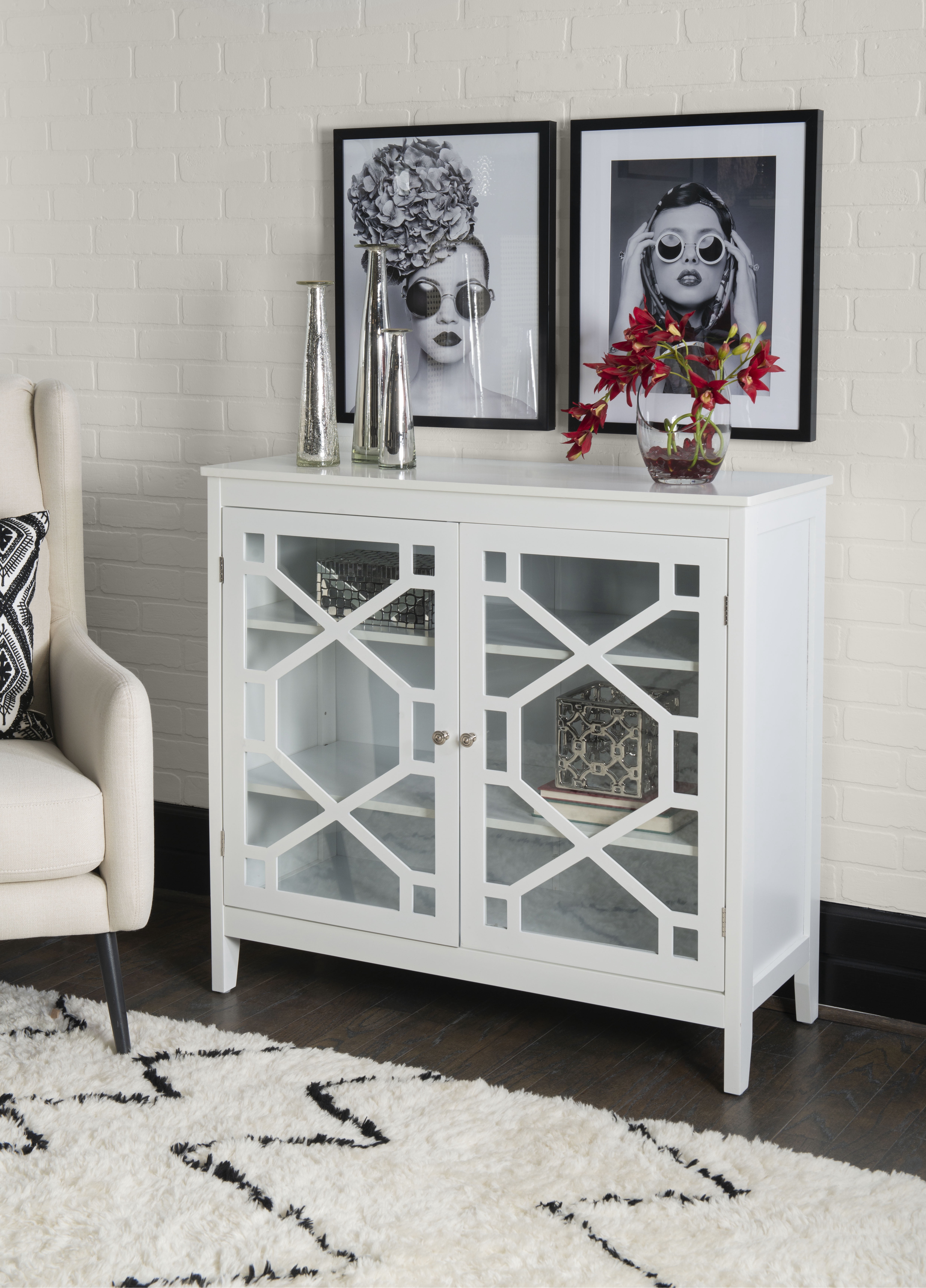 Linon Campbell 2-Door Glass Front Cabinet with 3 Shelves, White Finish