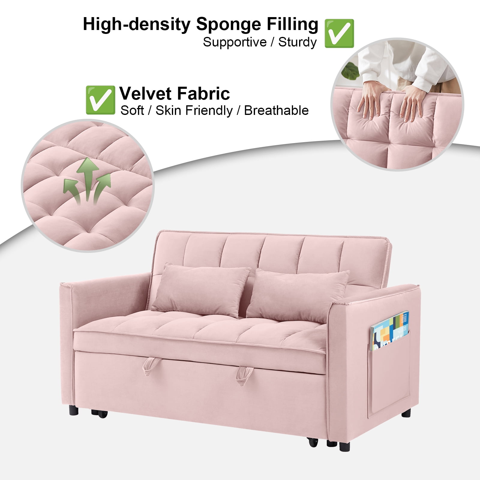 Howcool 55" 3 in 1 Convertible Sleeper Sofa Bed, Pull Out Loveseat Couch with Storage Pocket,Pink