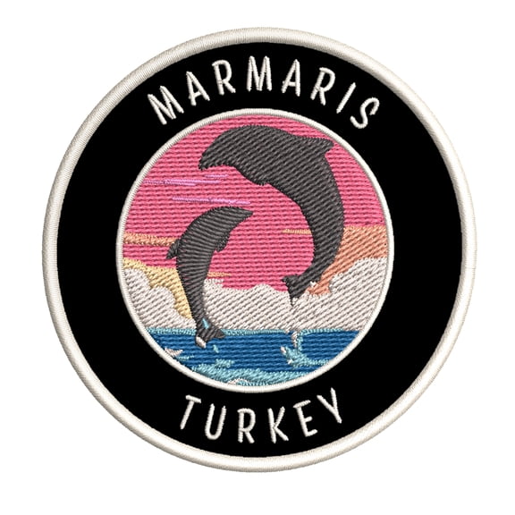 Marmaris, Turkey Dolphin Sunset 3.5 Inch Iron Or Sew On Embroidered Fabric Badge Patch Ocean Beach, Salt Life Iconic Series