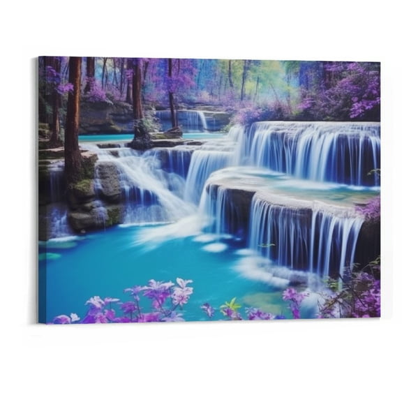 Canvas Wall Art Forest Picture-Landscape Artwork Painting print on canvas-Purple Forest Waterfall Poster-Modern Natural Scenery Wall Art Canvas Prints for Home Decor 20x16inch Frameless