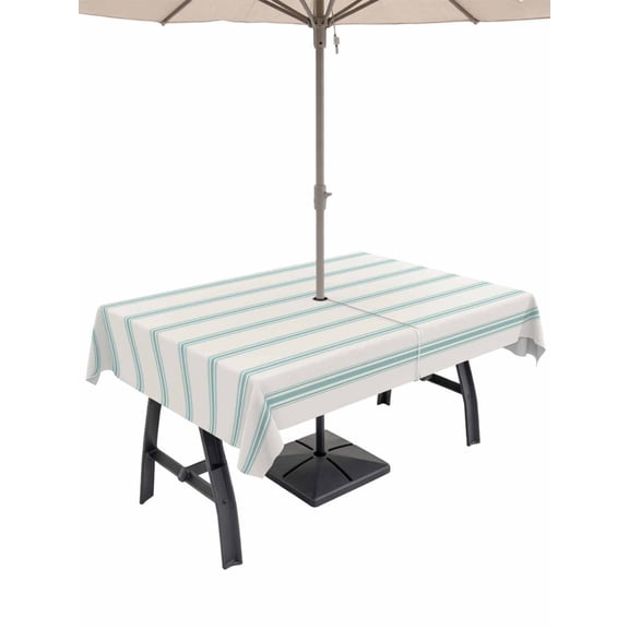 60x120 Inch Outdoor Tablecloth with Umbrella Hole Zipper Rectangle Turquoise Striped Rectangular Tablecloths Outside Waterproof Farmhouse Pinstripes Geometric Color Patio Table Cover for Picnic Party