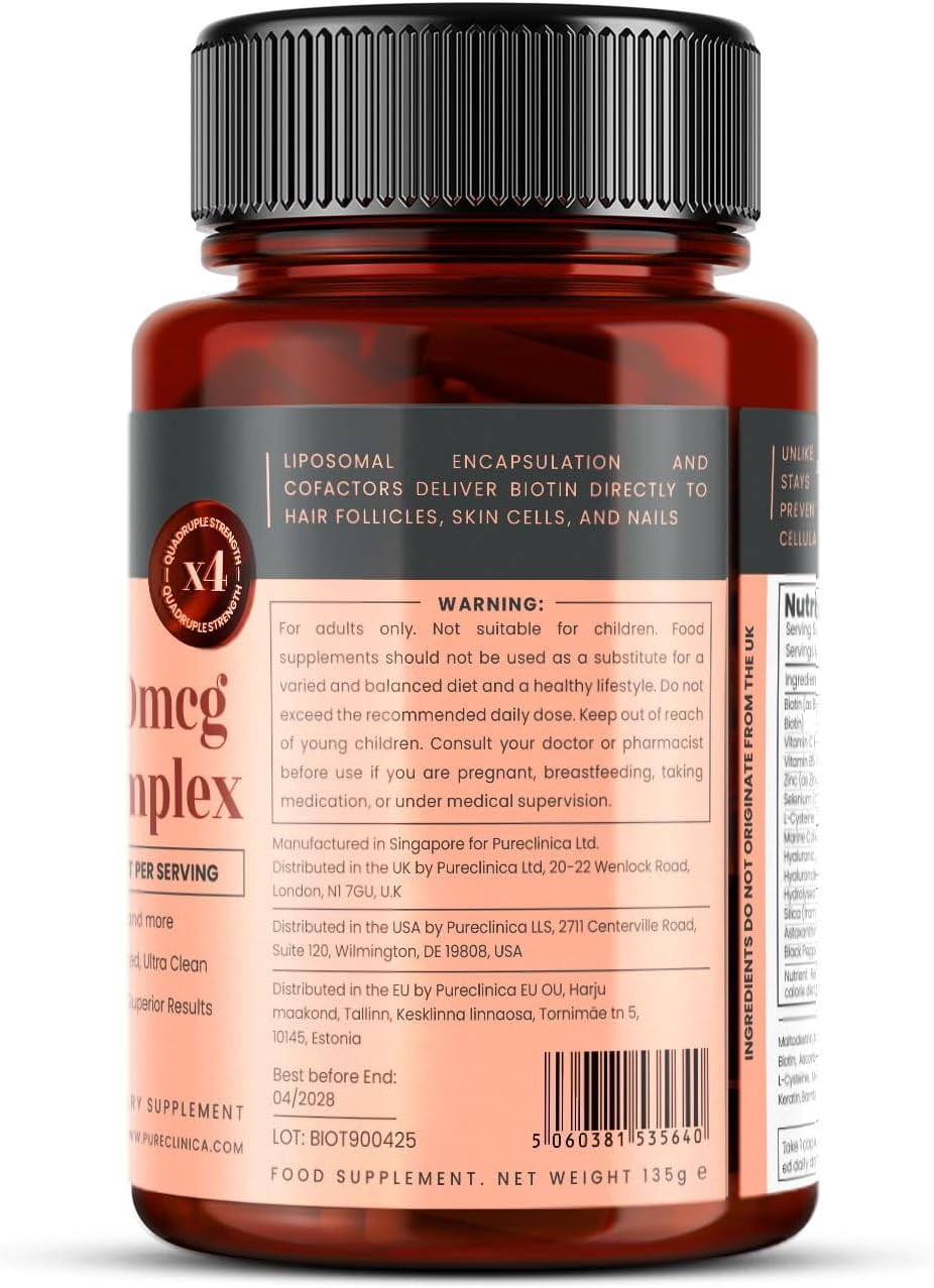 Pureclinica 400% Strength Biotin 40,000mcg – BioVOL²® Liposomal Biotin Complex with Marine Collagen, Keratin, Vitamin C & Hyaluronic Acid – 90 Caplets (3-Month Supply)