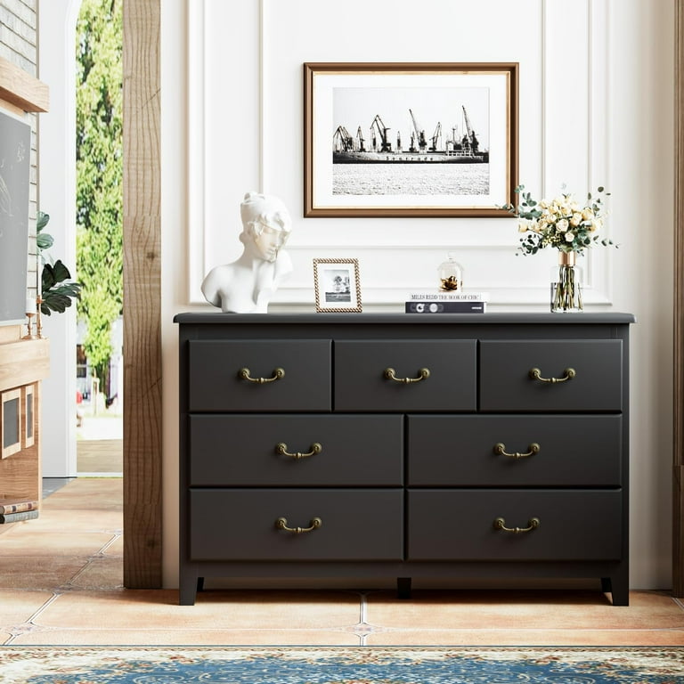 black antique dresser White for Bedroom, Modern Farmhouse Style 7 Drawer Double Dresser with Vintage Gold Pulls, Dresser and Chest of Drawers, Hallway 7 FUIN Vintage Black 3 Drawer