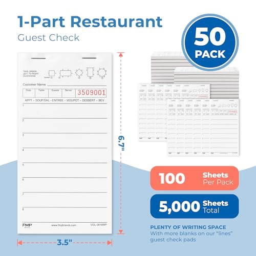 FMP Brands 5000 Sheets Server Note Pads (50 Pads Total), 100 Sheets/Pad, Guest Checks for Servers, Waitress Notepads, Guest Check Pads, Restaurant Order Pads, Guest Check Books for Bar, Cafe, Diners