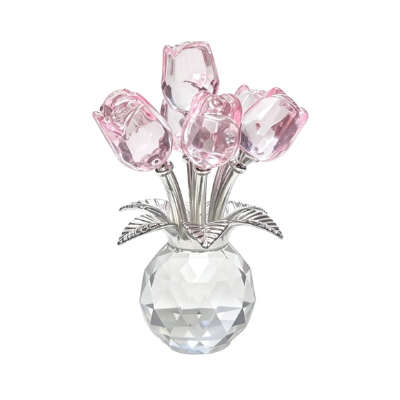 Pink Crystal Rose Bouquet Figurine Glass Flower Decor 4.13in x 3.15in Tabletop Ornament