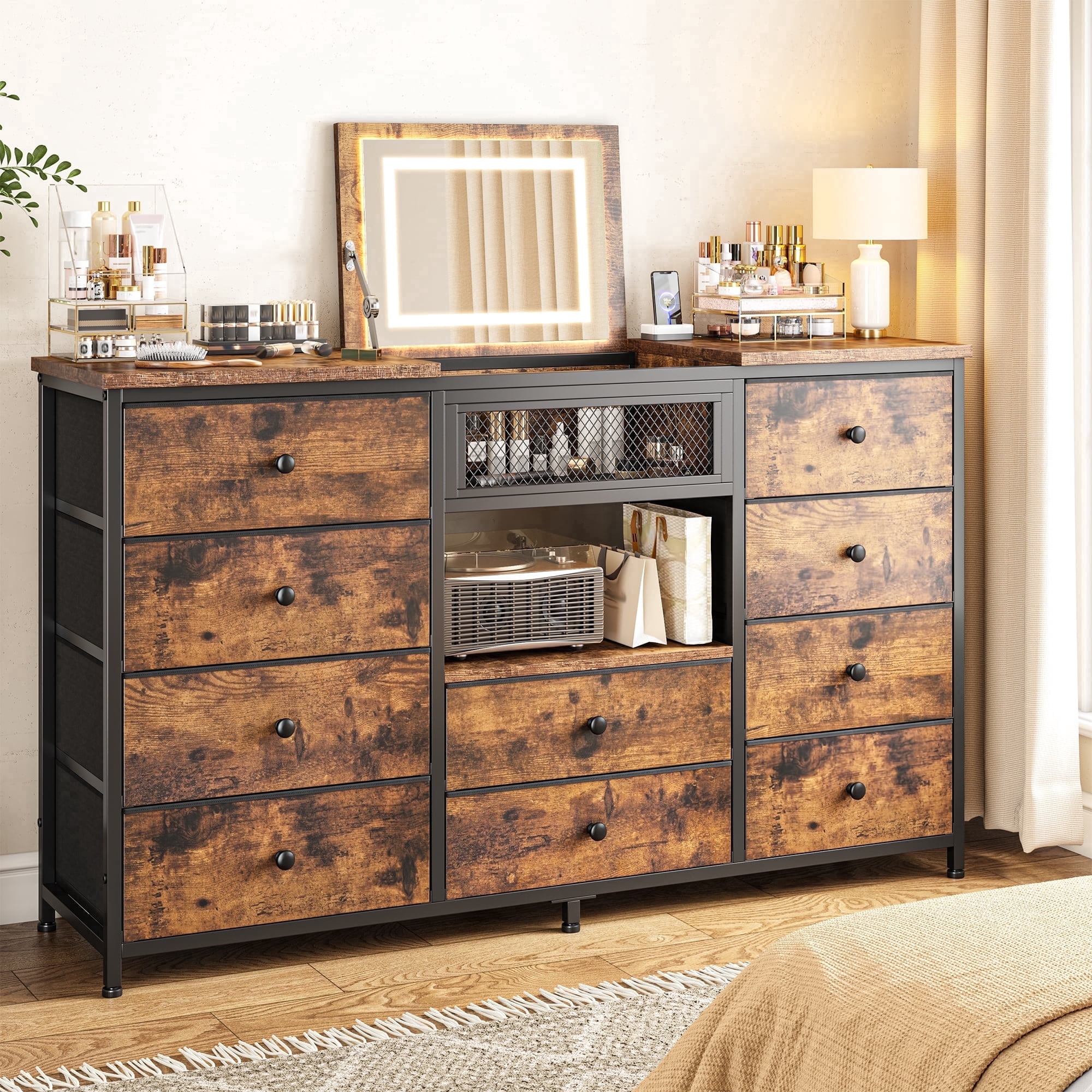 EnHomee 55" Wide Dressers for Bedroom Fabric 10 Drawers Dresser with Mirror & LED Lights & Charging Station Dressers & Chests of Drawers,Rustic Brown