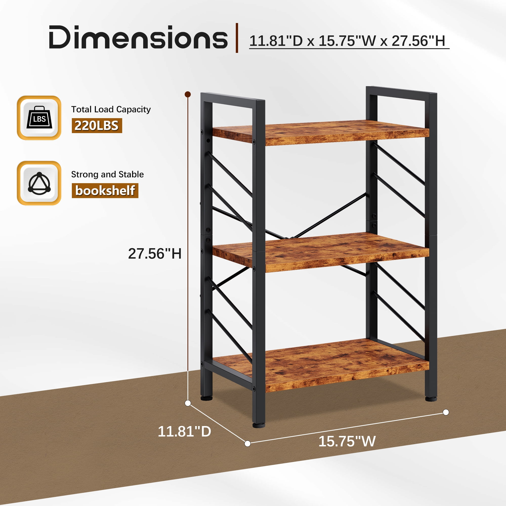 EnHomee 3-Tier Industrial Bookcase with Metal Frame & Side Support, Rustic Brown Compact Bookshelf for Bedroom, Home Office, Living Room Storage