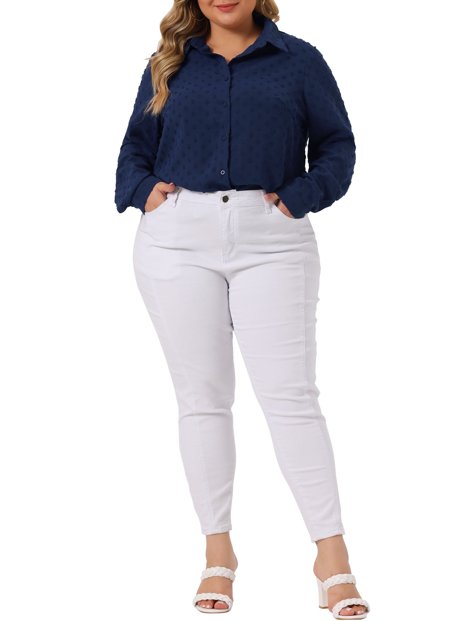 DARING DIVA Women's Plus Swiss Dots Button Down Collar Long Sleeve Tops 1X Navy Blue