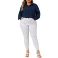 thumbnail image 2 of DARING DIVA Women's Plus Swiss Dots Button Down Collar Long Sleeve Tops 3X Navy Blue, 2 of 6