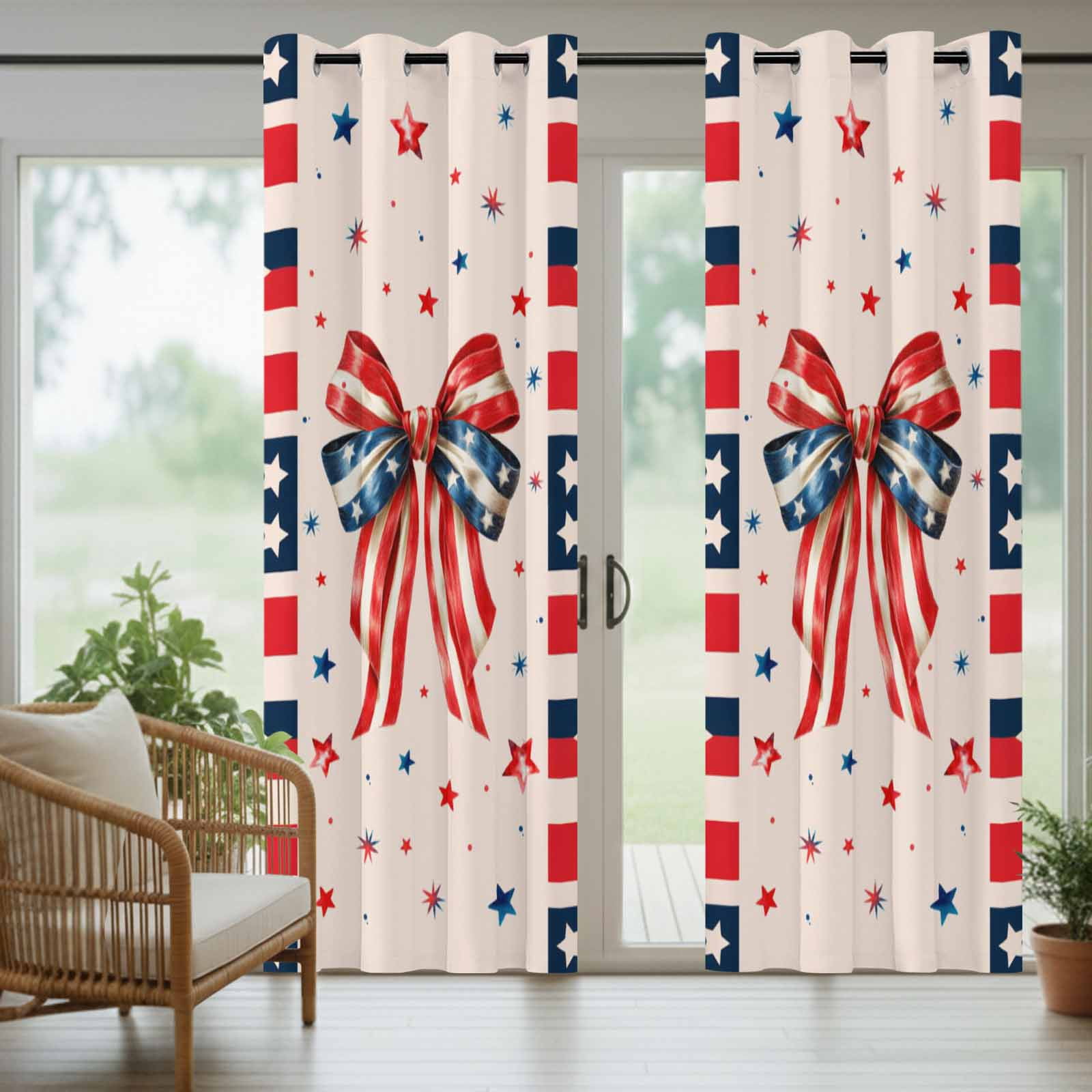 Independence Day Bow Outdoor Curtains for Patio, 4th of July US Flag Red Blue Stripe Star Sunshade Privacy Drapes Grommet Waterproof Outside Curtains for Porch/Cabana/Balcony 54"x 108", 1 Panel
