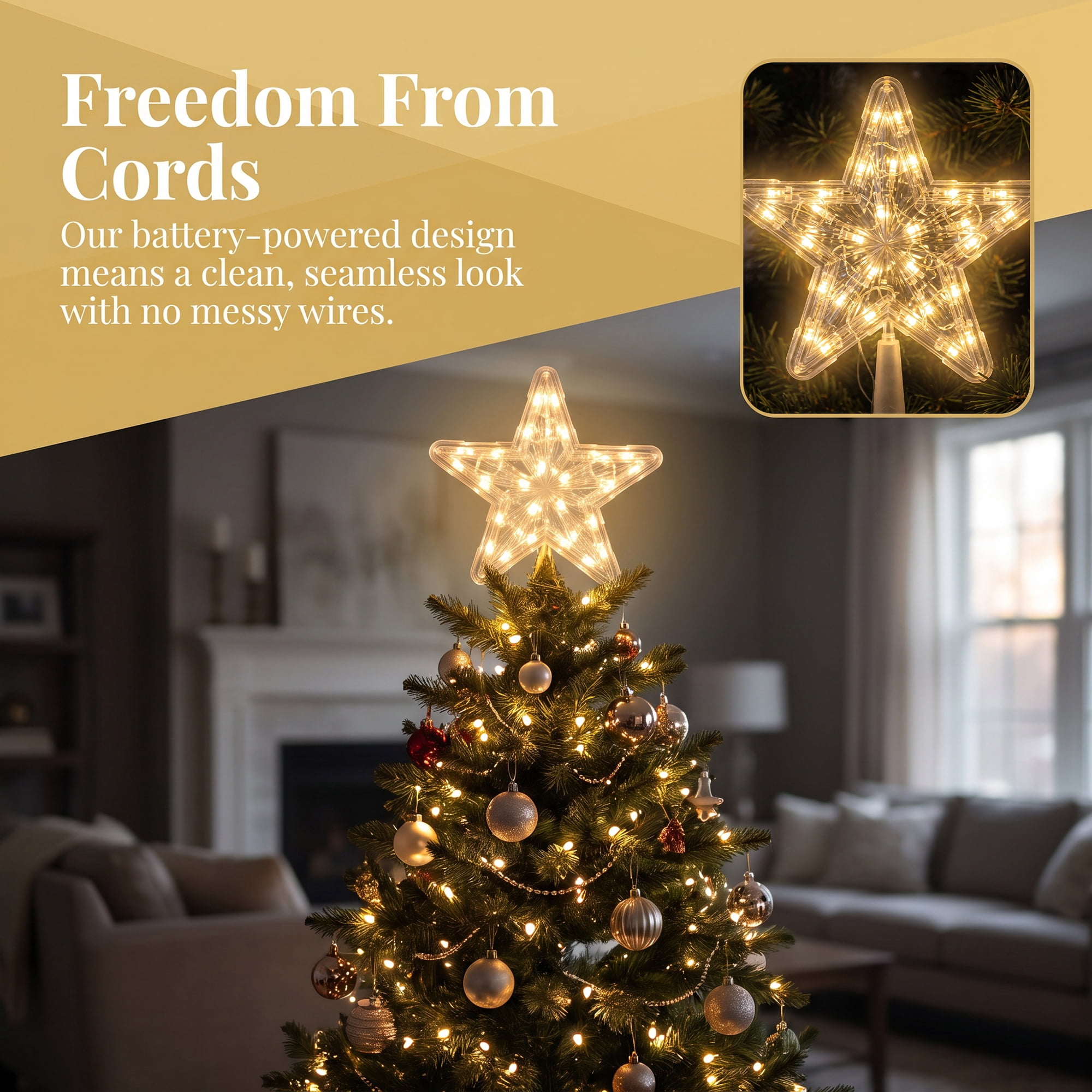 Unique Bargains Tree Finial Battery Operated Spring Mount Star Warm White Lights 7.9"