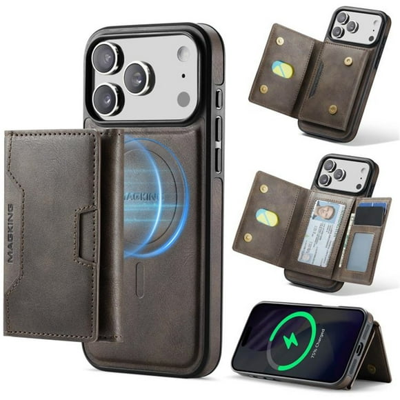Funda para IPhone 17 Pro Max 6.9" RFID Que Bloquea la Funda Protectora con Soporte Magsafe de 7 Ranuras para Tarjetas 2 en 1 Funda Protectora de Cuero a Prueba de Golpes con Tapa Desmontable, Café