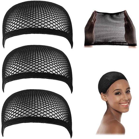 Black Fishnet Wig Cap, Women's Dome Mesh Wig Cap, 3 Pack