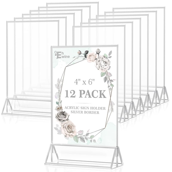 EHWINE 12 Pack Acrylic Sign Holder 4 x 6, Double Sided Silver Picture Frame Stand up Table Top Sign Holders, Clear Display Stand Menu Flyer Holder for Wedding Party(Provide Non-slip Mats)