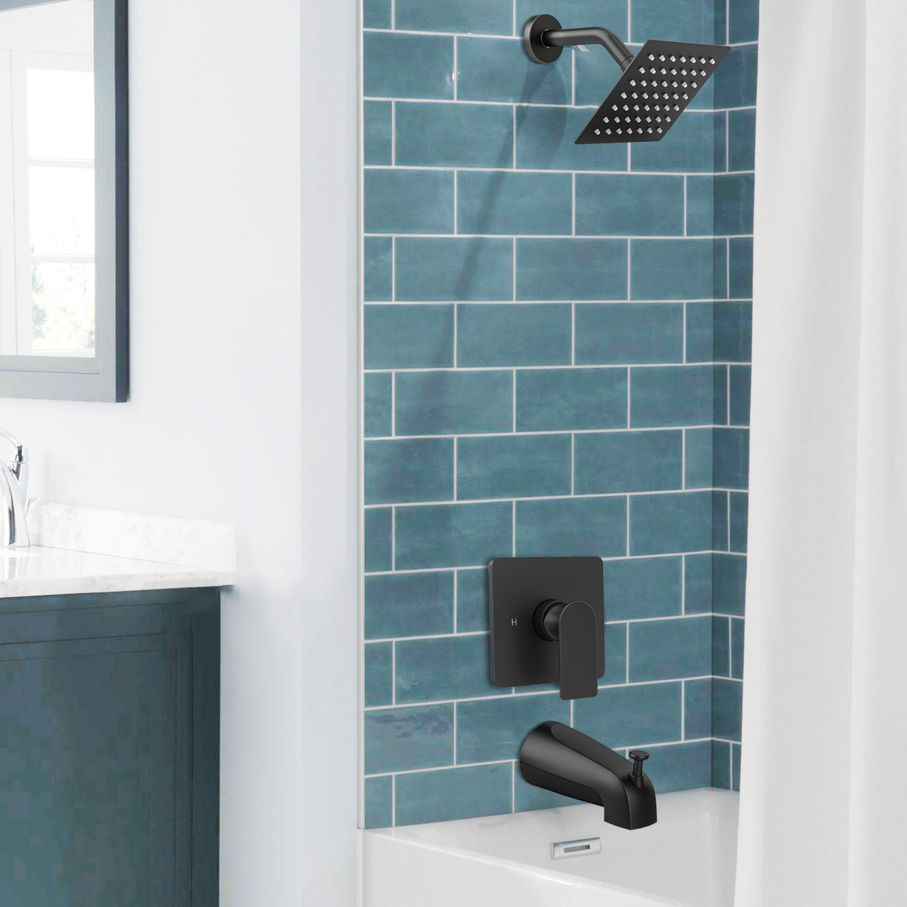 ROSYNEY Tub Shower Faucet Set - with Rain Shower Head, Shower Valve,Tub Spout, Matte Black