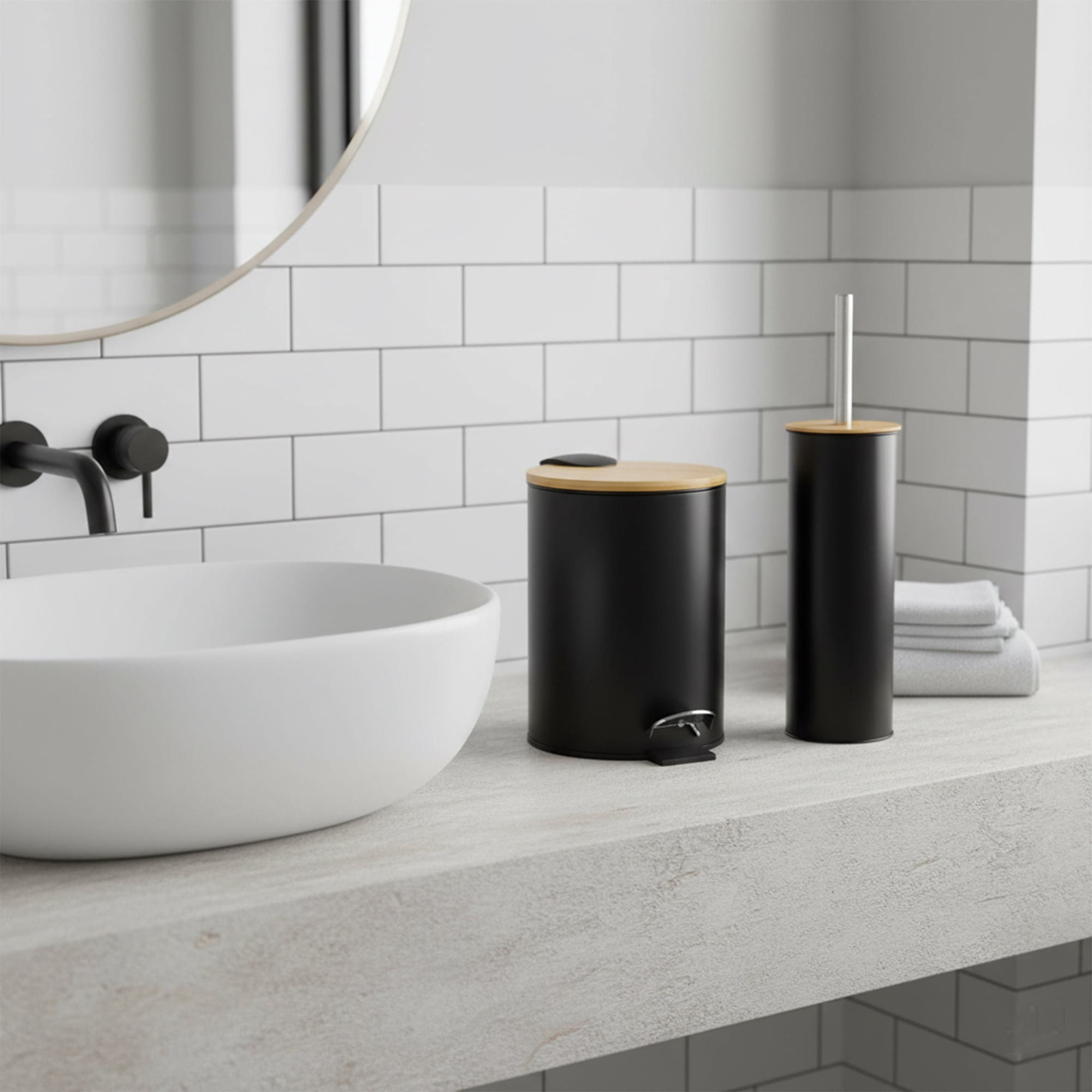 Black Metal Toilet Brush and Holder Set With Bamboo Lid