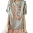 thumbnail image 3 of Dazajoo Summer Short Sleeve Tops for Women 2025 Casual Floral Embroidered Linen Shirt Round Neck Loose Blouses,Gray,XXXL, 3 of 6