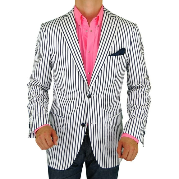 DTI BB Signature Men's Blue Two Button Blazer Trim Fit Cotton Stretch Jacket Blue Stripe